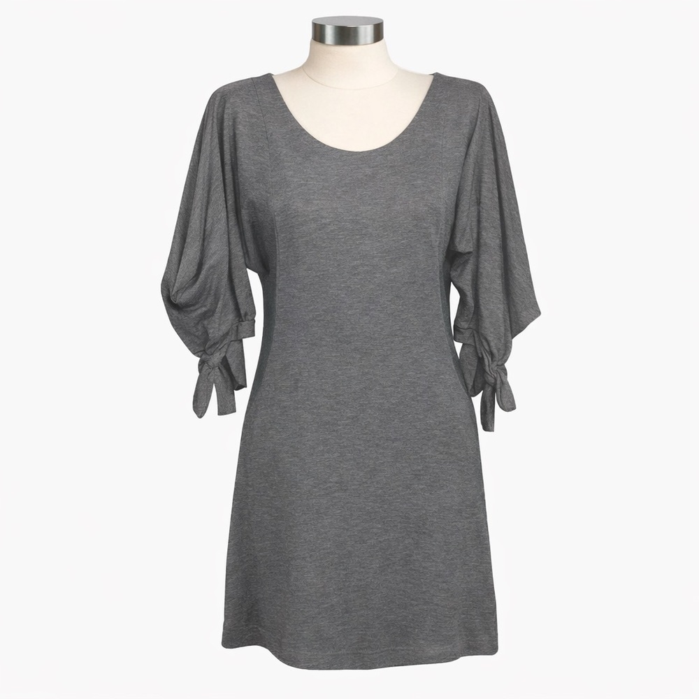 Boutique Gray Knit Dress | Tie Sleeve Balloon Detail | Size M | Soft Stretch